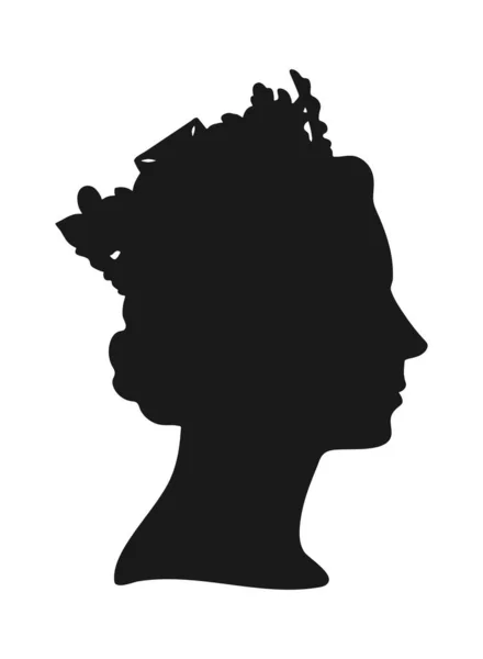 Black silhouette of Elizabeth II, the quote of Great Britain. Sticker, print, card, logo, emblem design. Death of monarch, funerial ceremony, memorial service theme. EPS 10