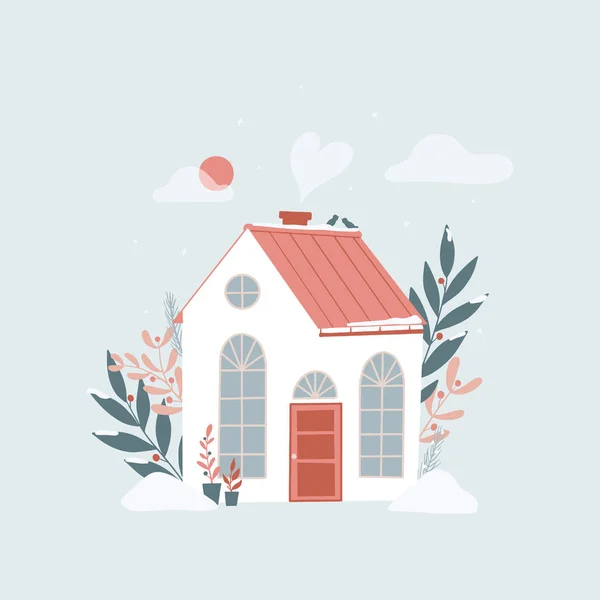 Cottage Carino Disegnato Mano Counry House Decorato Con Elementi Floreali — Vettoriale Stock