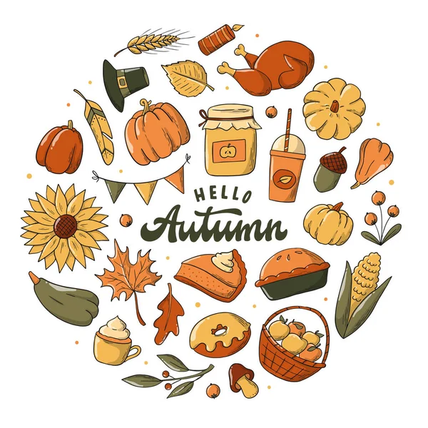 Hallo Herfst Belettering Citaat Versierd Met Seizoensgebonden Doodles Clipart Goed — Stockvector