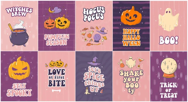 Set Biglietti Auguri Halloween Poster Stampe Inviti Decorati Con Citazioni — Vettoriale Stock