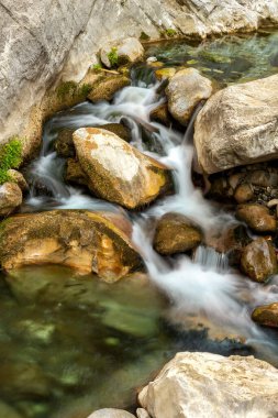 Dağ nehri taşların arasında akıyor. Uzun pozlama.