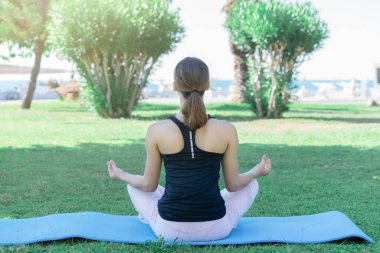 Genç bir kız, sırtı kameraya dönük olarak lotus pozisyonunda oturur. Açık hava egzersizleri..