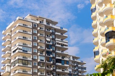 Residential area of the city with apartment buildings. Inhabited buildings. Urban architecture. Residential Properties.