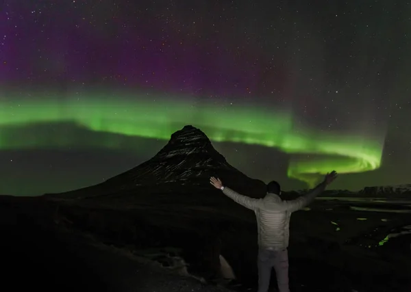Aurora Och Kirkjufell Aka Church Mountain Island — Stockfoto