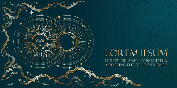 Astroloji, kehanet, ay, güneş, yıldız sembollü tarot. Sihirli arka plan tasarım vektör illüstrasyonunu altın renginde. İniş sayfası, web tasarımı. Okültizm ve astroloji kavramı.