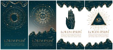   Hikaye şablonları, mobil uygulama, iniş sayfası, web tasarımı için altın renkli gizemli vektör çizimleri koleksiyonu. Astroloji, kehanet, tarot konsepti için büyü geçmişi. 