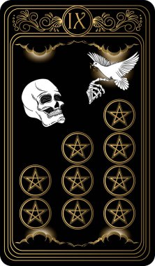 Nine of pentacles. Card of Minor arcana black and gold tarot cards. Tarot deck. Vector hand drawn illustration with scull, occult, mystical and esoteric symbols. clipart
