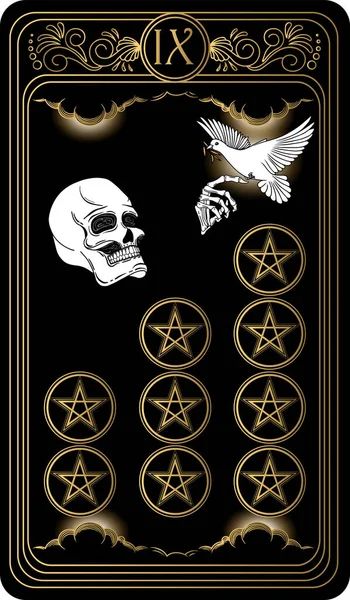 Beş köşeli yıldız dokuzlusu. Minor Arcana 'nın siyah ve altın tarot kartları. Tarot güvertesi. Vektör el, kafatası, okült, mistik ve esrarengiz sembollerle çizilmiş..