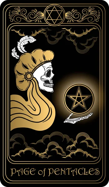 Beş köşeli yıldız sayfası. Minor Arcana 'nın siyah ve altın tarot kartları. Tarot güvertesi. Kafatası, okült, mistik ve esrarengiz sembollerle çizilmiş vektör eli.