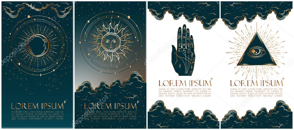   Collection of mysterious vector illustrations in gold colour for stories templates, mobile app, landing page, web design. Occult magic background for astrology, divination, tarot concept. 
