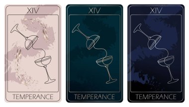 Temperance. Binbaşı Arcana 'nın bir satırlık tarot kartı. Tarot güvertesi. Okült, mistik ve ezoterik sembollerle çizilmiş vektör doğrusal el çizimi. Üç renk. Teklif 2.75x4.75.
