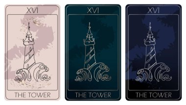The Tower. A card of Major arcana one line drawing tarot cards. Tarot deck. Vector linear hand drawn illustration with occult, mystical and esoteric symbols. 3 colors. Proposional to 2,75x4,75 in.