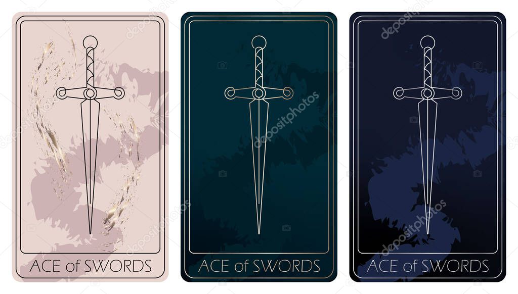 Ace of Swords. A card of Minor arcana one line drawing tarot cards. Tarot deck. Vector linear hand drawn illustration with occult, mystical and esoteric symbols. 3 colors. Proposional to 2,75x4,75 in.