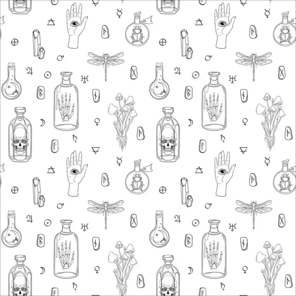 Magic Hand Drawn Seamless Pattern White Background Vector Pattern Alchemy — ストックベクタ