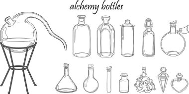 Hand drawn set of alchemy bottlesisolated on white background. Magic alchemy  vector illustration with test tube, potion bottle,  glass flasks and jars. Chemystry, sience, esoteric, occult.