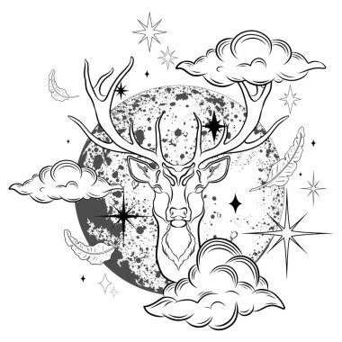 Mystical magic deer with celestial symbols on white background. Hand drawn vector deer head with full moon, stars, and clouds for prints, posters and fantasy or esoteric design. Animal spirit art