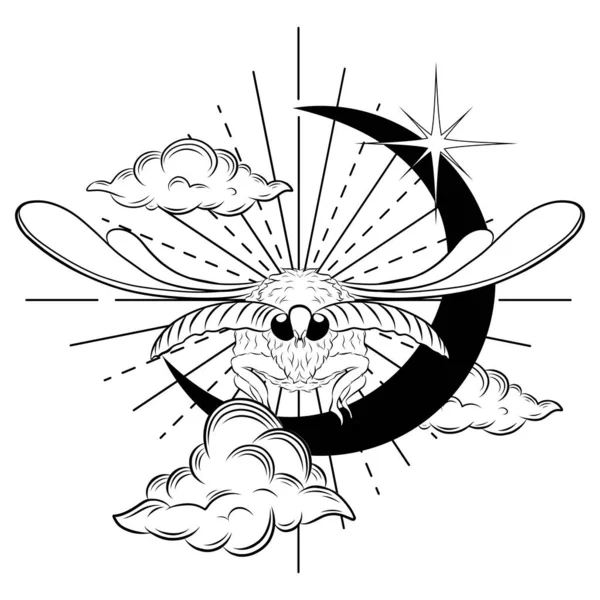 Polilla Dibujada Mano Con Nubes Luna Estrellas Ilustración Vectorial Mágica — Vector de stock