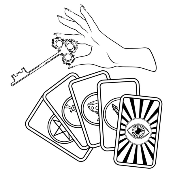 Hand Drawn Vector Illustration Human Hand Key Tarot Cards White — Vetor de Stock