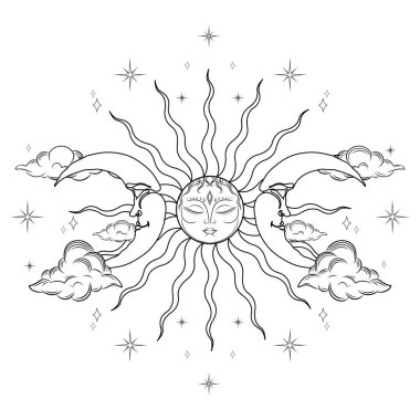 Hand drawn magic vector illustration on white background.  Occult symbols of moon, sun, stars and clouds. Celestial esoteric spiritual symbols. Vector templates. Moon pagan. Wicca moon.