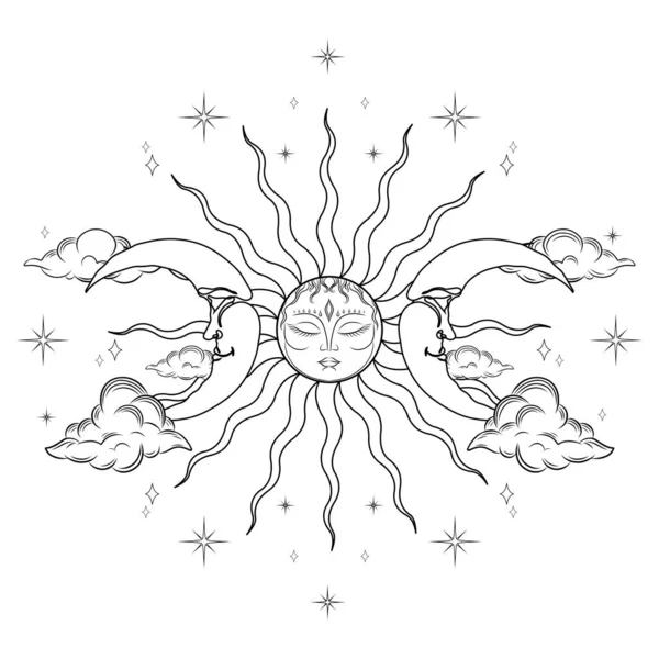 Hand Drawn Magic Vector Illustration White Background Occult Symbols Moon — Vetor de Stock