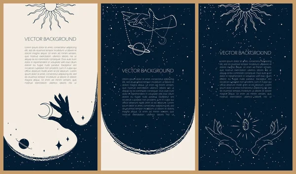 Hikayeler, mobil uygulama, iniş sayfası, web tasarımı, posterler için göksel gizemli vektör çizimleri. Astroloji, kehanet, tarot konsepti için gizli büyü geçmişi. Güneş, ay, yıldız