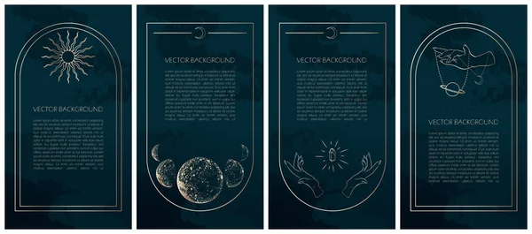 Set of golden celestial mysterious vector illustrations for stories templates, mobile app, landing page, web design, posters. Occult magic background for astrology, fortune telling, tarot concept. 