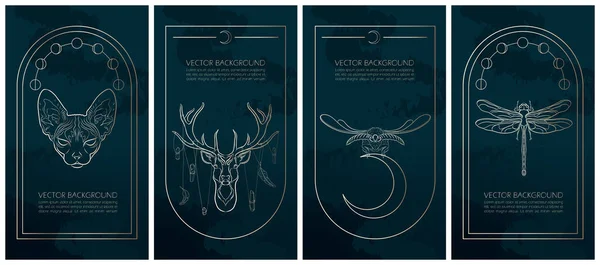 Set of golden mysterious vector illustrations for stories templates, mobile app, landing page, web design, posters. Occult magic background for astrology, fortune telling, tarot concept. Animal spirit