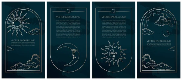 Set of golden celestial mysterious vector illustrations for stories templates, mobile app, landing page, web design, posters. Occult magic background for astrology, fortune telling, tarot concept. 