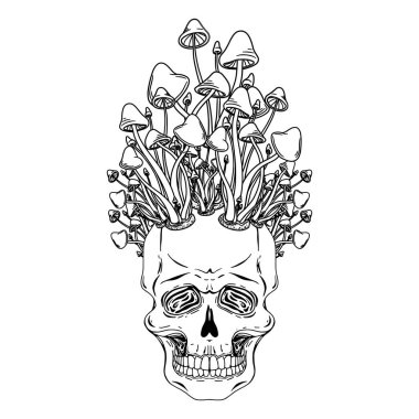 Skull with mushrooms. Hand drawn vector skull with mushrooms on head isolated on white background. Monochrome. Tatoo. Vintage. Phsycodelic art