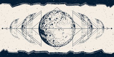 Celestial banner with lunar phases, sacred geometry. Full moon. Vector background for landing page, web design. Astrology, fortune telling, tarot reading concept. Book cover, poster. Wicca triple moon clipart