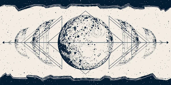 Celestial Banner Lunar Phases Sacred Geometry Full Moon Vector Background — ストックベクタ
