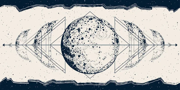 Celestial banner with lunar phases, sacred geometry. Full moon. Vector background for landing page, web design. Astrology, fortune telling, tarot reading concept. Book cover, poster. Wicca triple moon