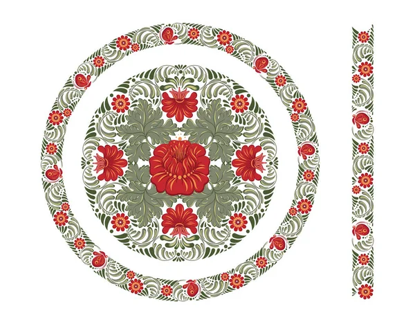 Petrykivkaスタイルのベクトル花の装飾ラウンド 花の枠だ 装飾組成 サークルアートフレームウクライナの民俗芸術 テンドリル ベリーと民族陶器の装飾 — ストックベクタ