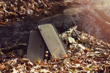 Parktaki sonbahar yapraklarının arasında yoga için keskin tırnakları olan bir tahta. Sadhus tahtası. Meditasyon, yoga, alternatif tıp ve ruhani uygulamalar. Yatay format. Boşluğu kopyala