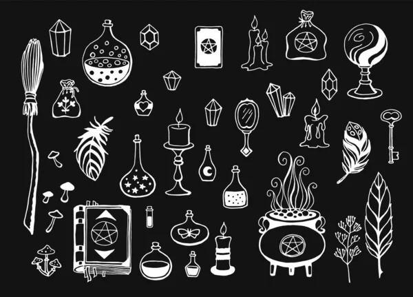 Premium Vector  Witchcraft magic background for witches and wizards vector  vintage collection hand drawn magic tools concept of witchcraft drawn magic  tools book candles potions cauldron cat hat balloon mandrake