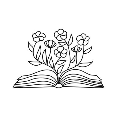 Çiçekli filizleri olan açık bir kitap. Kendi geleceğini yazmanın kavramsal illüstrasyonu. Kitapçı, edebiyat kulübü ya da kütüphane için vektör kavramı. Çizim çizimi.