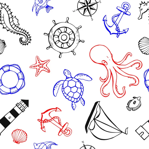 Бесшовный Рисунок Различными Животными Морскими Объектами Море Океан Подводный Фон — стоковый вектор