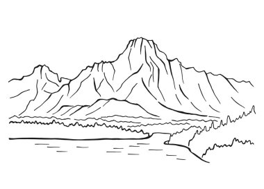 İlk bakışta dağlarla ve ormanla el çizimi doğa tasviri. Seyahat ve doğa arka planı ve kartı kullanarak