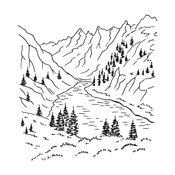 Paisaje Con Montañas Bosque Ilustración Dibujada Mano Convertida Vector — Vector de stock