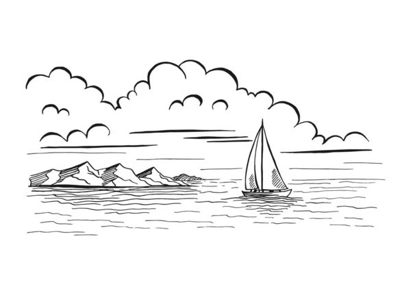 Seascape Landskap Hav Segelbåt Klippor Handritad Vektor Illustration — Stock vektor
