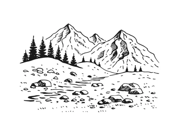 Paisaje Con Montañas Bosque Ilustración Dibujada Mano Convertida Vector — Archivo Imágenes Vectoriales