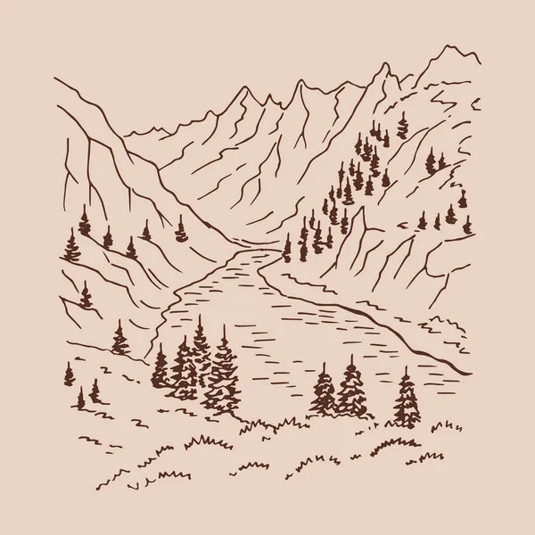 Paisaje Con Montañas Bosque Ilustración Dibujada Mano Convertida Vector — Vector de stock