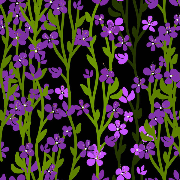 Night meadow floral vector seamless pattern. Many small small purple violets, green stalks and leaves on black background. Cute hand drawn garden template for design, home decor, wallpaper, textile.