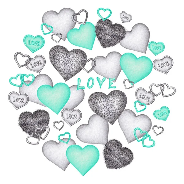 Isolated Hand Drawn Pencil Drawing Different Black White Turquoise Hearts — Stock Photo, Image