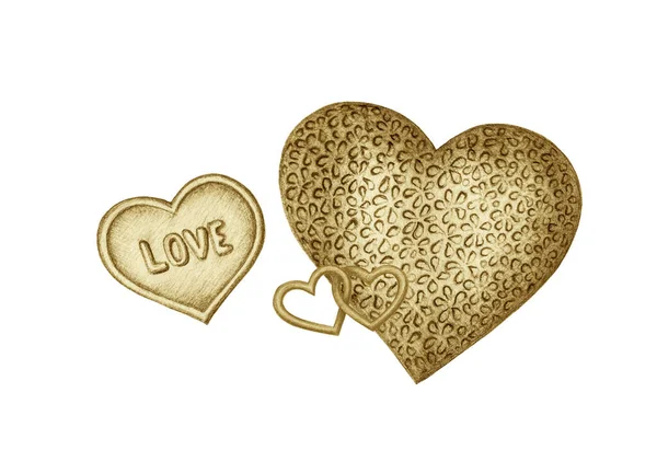 Set Golden Colored Hearts White Background Festive Valentine Design Element — Stock Photo, Image