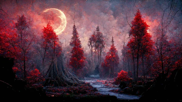 mystery deep forest with red mooon