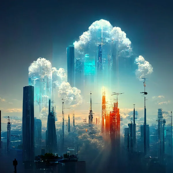 design of futuristic sky city  , abstract tower architecture , illustation design , internet connect of line ,data transfer