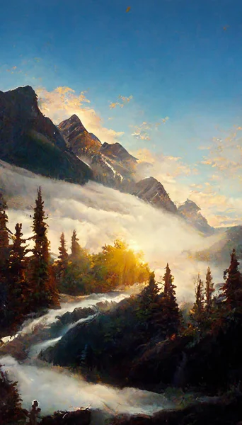 Panorama of foggy mountain with a sunrise beautiful landscape , illustation