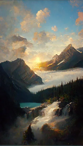 Panorama of foggy mountain with a sunrise beautiful landscape , illustation
