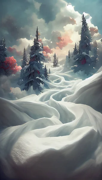 winter with a snow field landscape with a fir trees